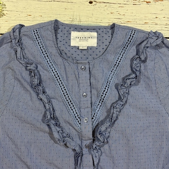 The Shirt Rochelle Behrens Stripe Ruffle Trim Button Front Blouse - Picture 8 of 9